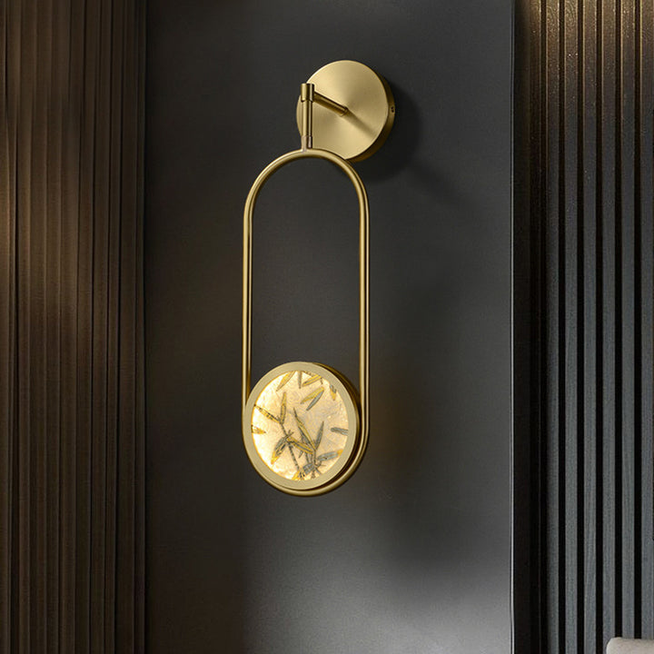 Applique murale LED en laiton chinois traditionnel en aluminium avec verre ovale et feuille de bambou pour chevet 