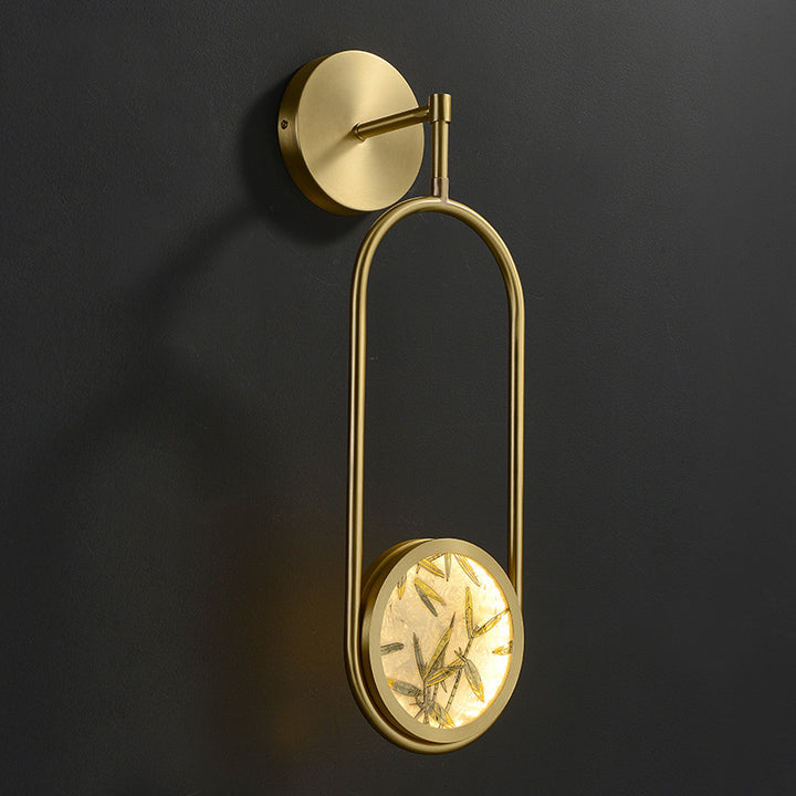 Applique murale LED en laiton chinois traditionnel en aluminium avec verre ovale et feuille de bambou pour chevet 