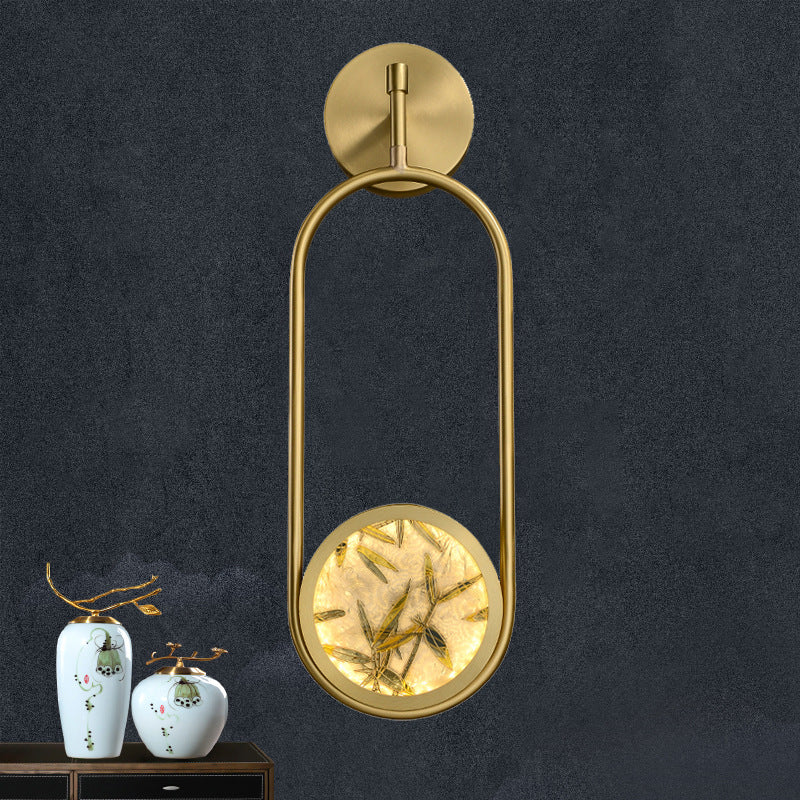 Applique murale LED en laiton chinois traditionnel en aluminium avec verre ovale et feuille de bambou pour chevet 