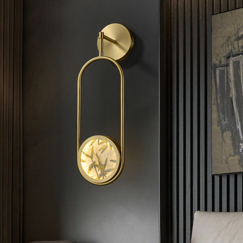 Applique murale LED en laiton chinois traditionnel en aluminium avec verre ovale et feuille de bambou pour chevet 