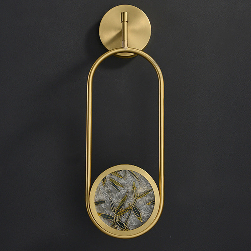 Applique murale LED en laiton chinois traditionnel en aluminium avec verre ovale et feuille de bambou pour chevet 