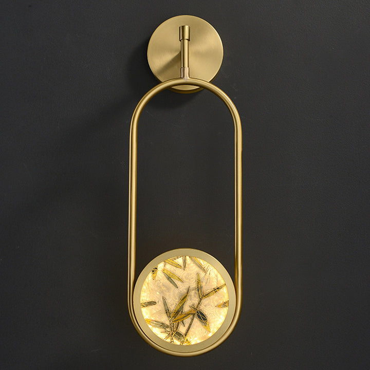 Applique murale LED en laiton chinois traditionnel en aluminium avec verre ovale et feuille de bambou pour chevet 