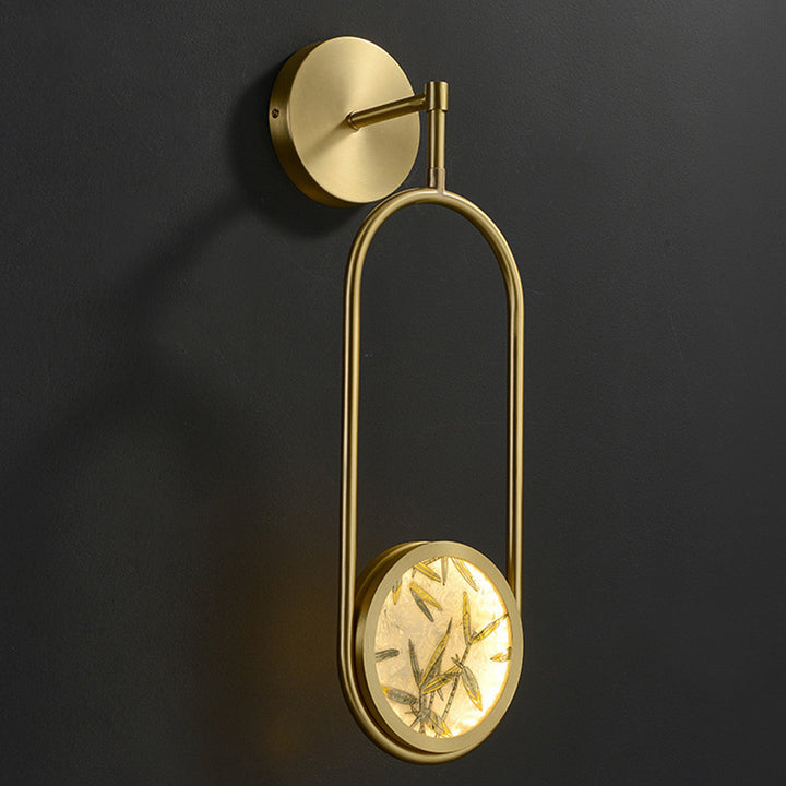 Applique murale LED en laiton chinois traditionnel en aluminium avec verre ovale et feuille de bambou pour chevet 