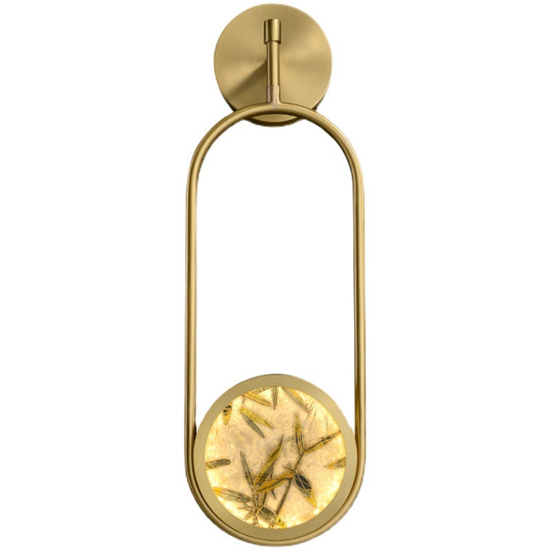 Applique murale LED en laiton chinois traditionnel en aluminium avec verre ovale et feuille de bambou pour chevet 