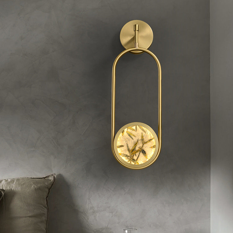 Applique murale LED en laiton chinois traditionnel en aluminium avec verre ovale et feuille de bambou pour chevet 