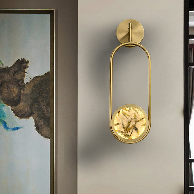 Applique murale LED en laiton chinois traditionnel en aluminium avec verre ovale et feuille de bambou pour chevet 