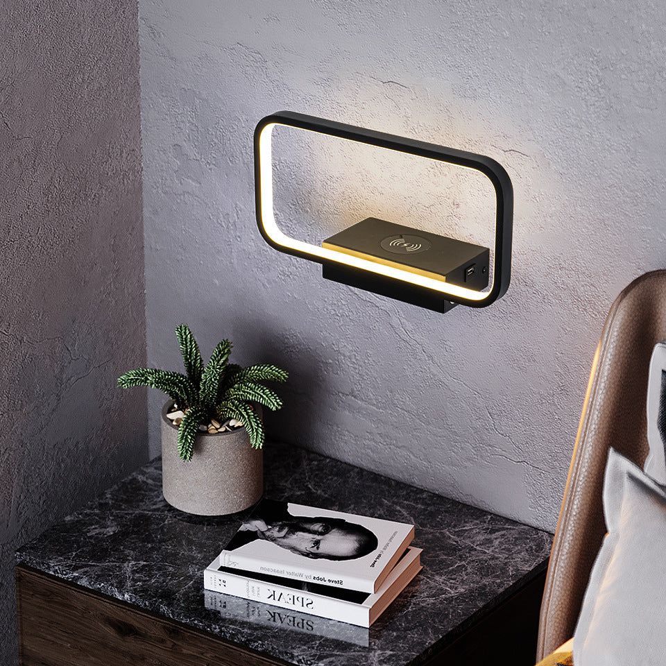 Applique murale LED de chevet moderne minimaliste en fer aluminium résine rectangulaire avec chargeur sans fil pour téléphone 