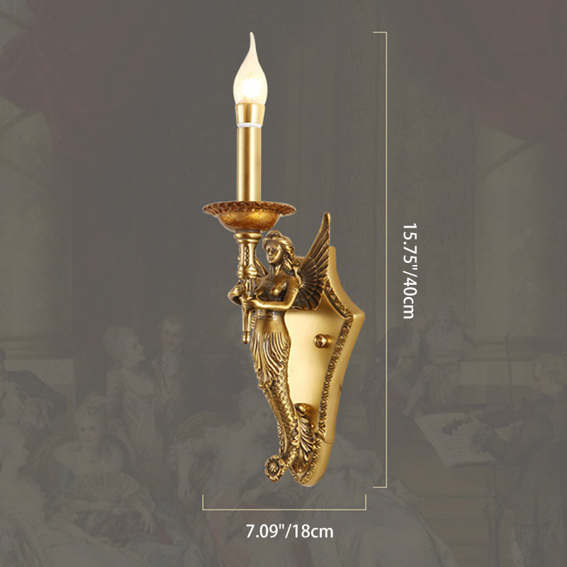 Traditional European Full Copper Mermaid Candle 1-Light Wall Sconce Lamp For Living Room &amp; Bedroom