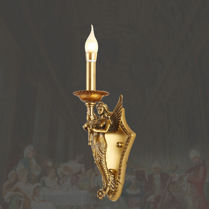 Traditional European Full Copper Mermaid Candle 1-Light Wall Sconce Lamp For Living Room &amp; Bedroom