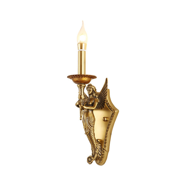 Traditional European Full Copper Mermaid Candle 1-Light Wall Sconce Lamp For Living Room &amp; Bedroom