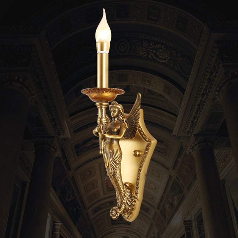 Traditional European Full Copper Mermaid Candle 1-Light Wall Sconce Lamp For Living Room &amp; Bedroom