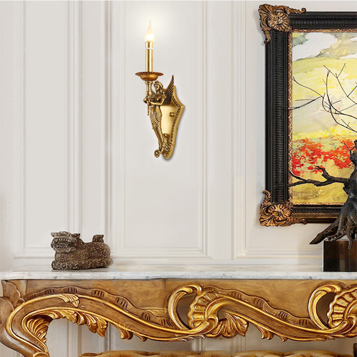 Traditional European Full Copper Mermaid Candle 1-Light Wall Sconce Lamp For Living Room &amp; Bedroom