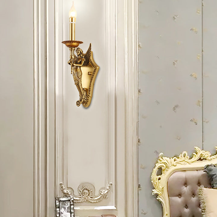 Traditional European Full Copper Mermaid Candle 1-Light Wall Sconce Lamp For Living Room &amp; Bedroom