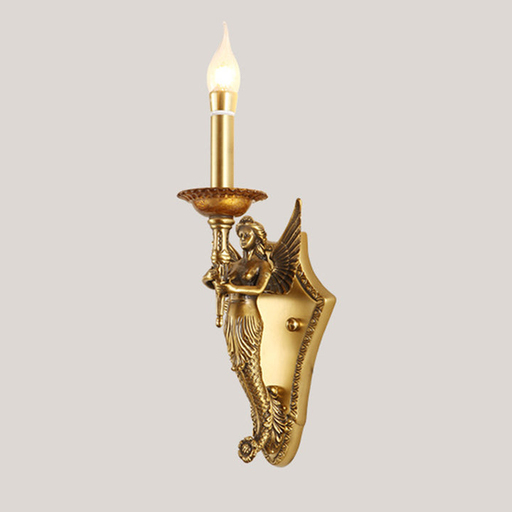 Traditional European Full Copper Mermaid Candle 1-Light Wall Sconce Lamp For Living Room &amp; Bedroom