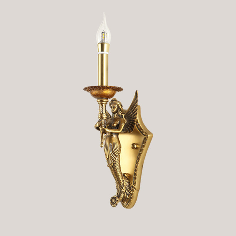 Traditional European Full Copper Mermaid Candle 1-Light Wall Sconce Lamp For Living Room &amp; Bedroom