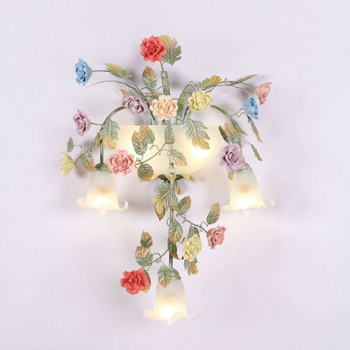 Traditionelle Bauernhaus Eisen Keramik Glas Rose Blumen Dekorative 5-Licht Wandleuchte Für Wohnzimmer Und Schlafzimmer 