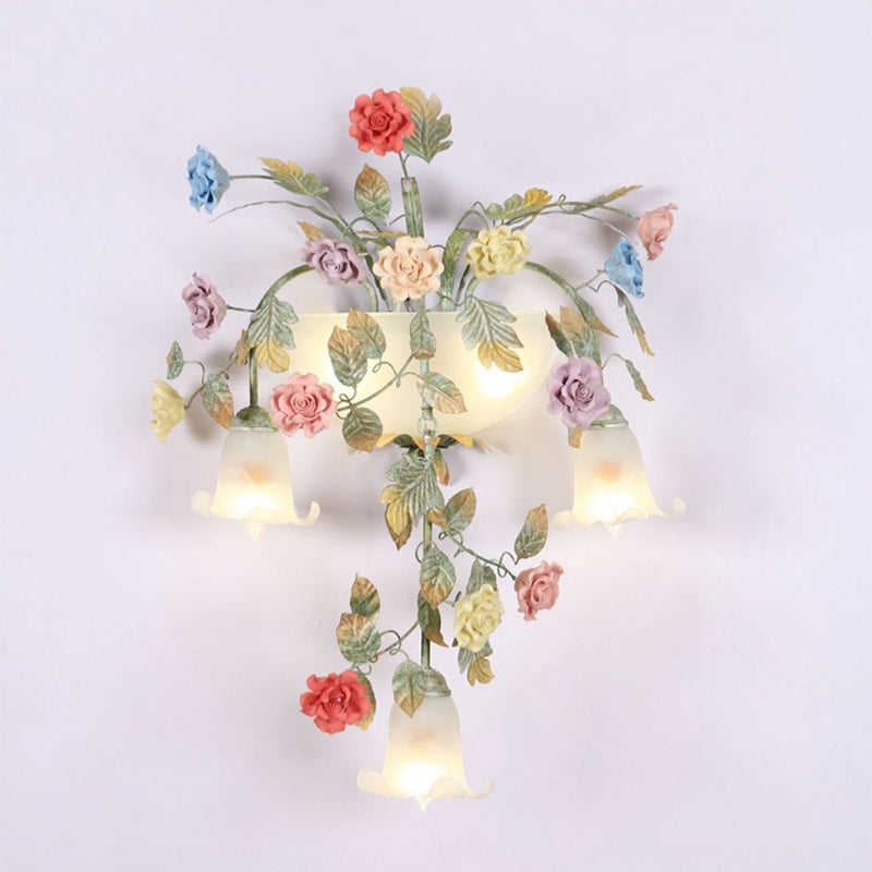Traditionelle Bauernhaus Eisen Keramik Glas Rose Blumen Dekorative 5-Licht Wandleuchte Für Wohnzimmer Und Schlafzimmer 