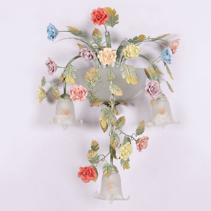Traditionelle Bauernhaus Eisen Keramik Glas Rose Blumen Dekorative 5-Licht Wandleuchte Für Wohnzimmer Und Schlafzimmer 