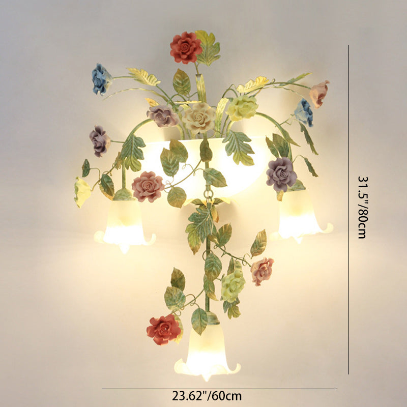 Traditionelle Bauernhaus Eisen Keramik Glas Rose Blumen Dekorative 5-Licht Wandleuchte Für Wohnzimmer Und Schlafzimmer 
