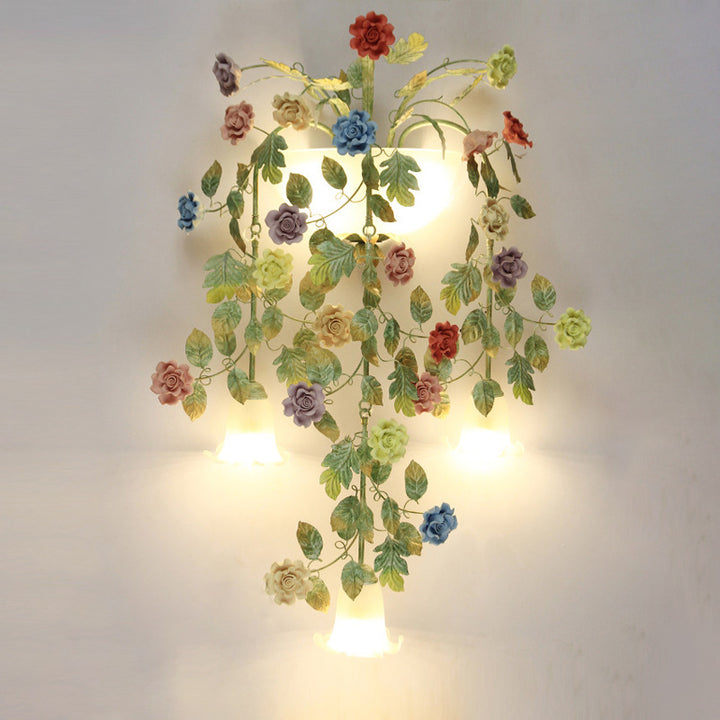 Traditionelle Bauernhaus Eisen Keramik Glas Rose Blumen Dekorative 5-Licht Wandleuchte Für Wohnzimmer Und Schlafzimmer 