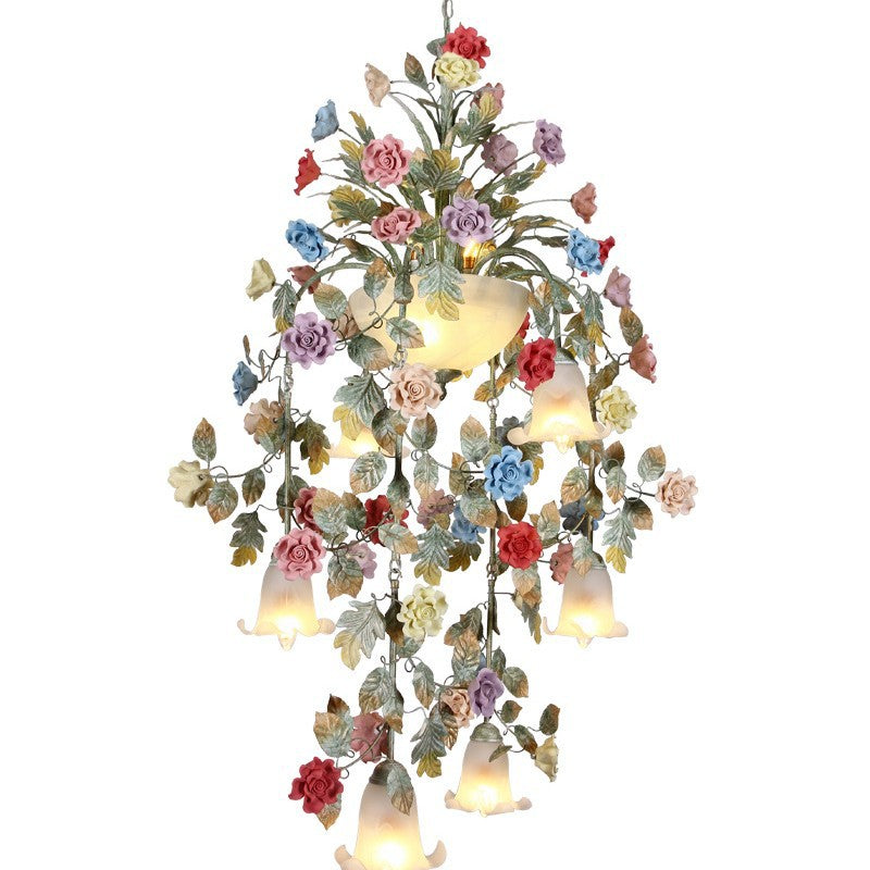 Traditionelle Bauernhaus Eisen Keramik Glas Rose Blumen Dekorative 5-Licht Wandleuchte Für Wohnzimmer Und Schlafzimmer 