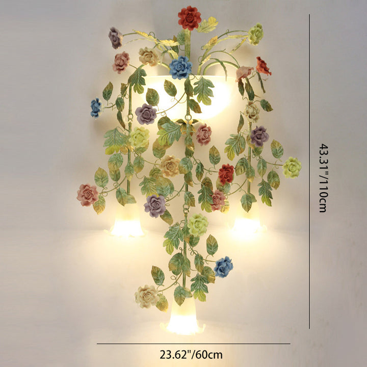 Traditionelle Bauernhaus Eisen Keramik Glas Rose Blumen Dekorative 5-Licht Wandleuchte Für Wohnzimmer Und Schlafzimmer 