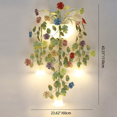 Traditionelle Bauernhaus Eisen Keramik Glas Rose Blumen Dekorative 5-Licht Wandleuchte Für Wohnzimmer Und Schlafzimmer 