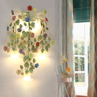 Traditionelle Bauernhaus Eisen Keramik Glas Rose Blumen Dekorative 5-Licht Wandleuchte Für Wohnzimmer Und Schlafzimmer 