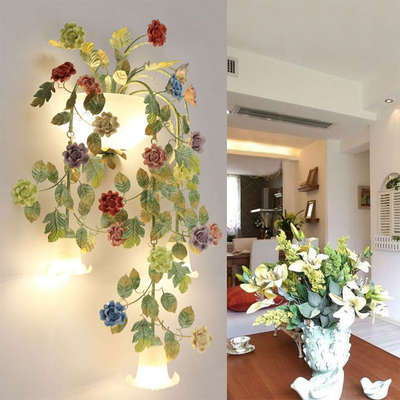 Traditionelle Bauernhaus Eisen Keramik Glas Rose Blumen Dekorative 5-Licht Wandleuchte Für Wohnzimmer Und Schlafzimmer 