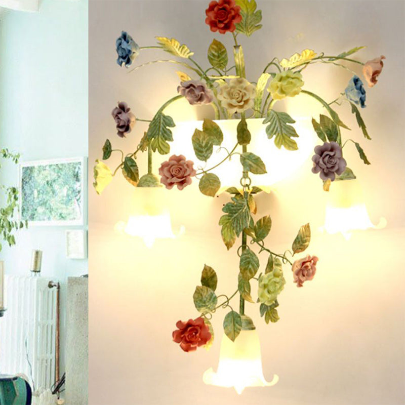 Traditionelle Bauernhaus Eisen Keramik Glas Rose Blumen Dekorative 5-Licht Wandleuchte Für Wohnzimmer Und Schlafzimmer 