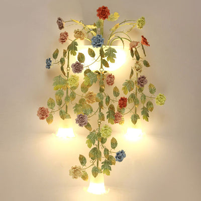 Traditionelle Bauernhaus Eisen Keramik Glas Rose Blumen Dekorative 5-Licht Wandleuchte Für Wohnzimmer Und Schlafzimmer 