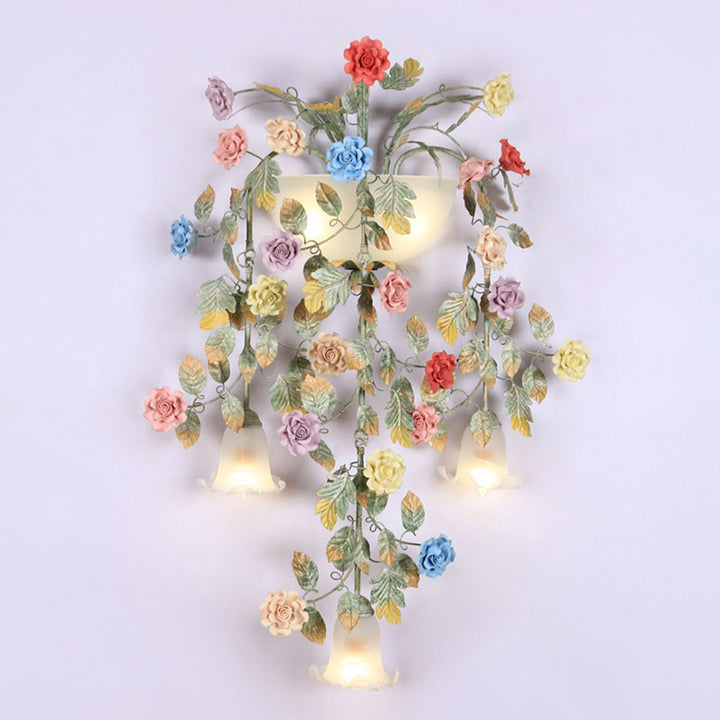 Traditionelle Bauernhaus Eisen Keramik Glas Rose Blumen Dekorative 5-Licht Wandleuchte Für Wohnzimmer Und Schlafzimmer 