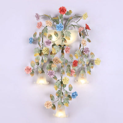 Traditionelle Bauernhaus Eisen Keramik Glas Rose Blumen Dekorative 5-Licht Wandleuchte Für Wohnzimmer Und Schlafzimmer 