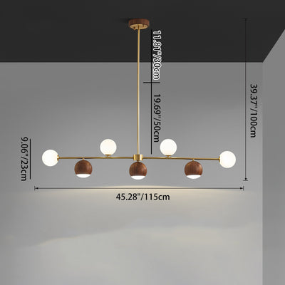 Lustre LED à 4 lumières en laiton et verre boule en noyer nordique contemporain pour salle à manger 
