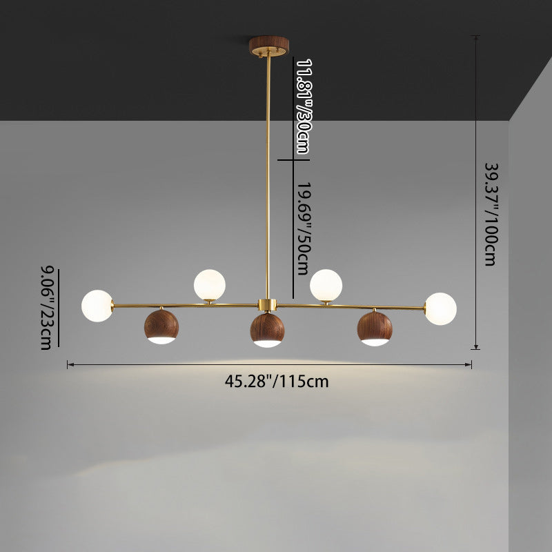 Lustre LED à 4 lumières en laiton et verre boule en noyer nordique contemporain pour salle à manger 