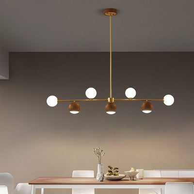 Lustre LED à 4 lumières en laiton et verre boule en noyer nordique contemporain pour salle à manger 