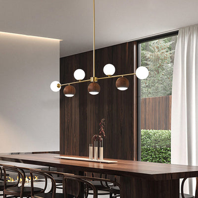 Lustre LED à 4 lumières en laiton et verre boule en noyer nordique contemporain pour salle à manger 