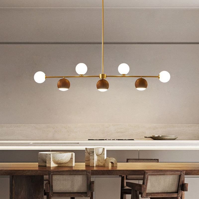 Lustre LED à 4 lumières en laiton et verre boule en noyer nordique contemporain pour salle à manger 