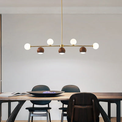 Lustre LED à 4 lumières en laiton et verre boule en noyer nordique contemporain pour salle à manger 