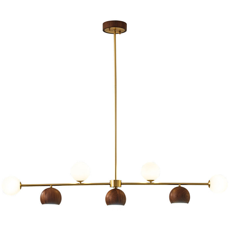 Lustre LED à 4 lumières en laiton et verre boule en noyer nordique contemporain pour salle à manger 