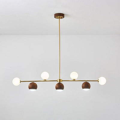 Lustre LED à 4 lumières en laiton et verre boule en noyer nordique contemporain pour salle à manger 