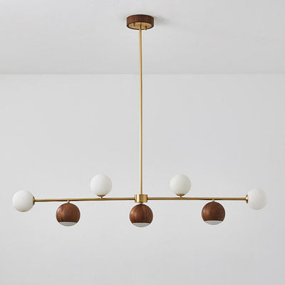 Lustre LED à 4 lumières en laiton et verre boule en noyer nordique contemporain pour salle à manger 
