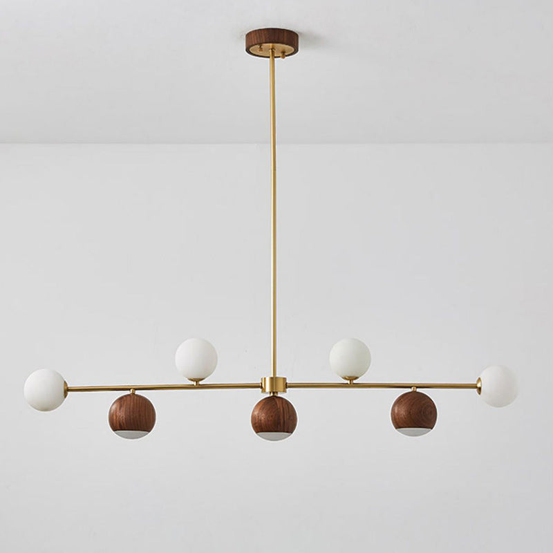 Lustre LED à 4 lumières en laiton et verre boule en noyer nordique contemporain pour salle à manger 