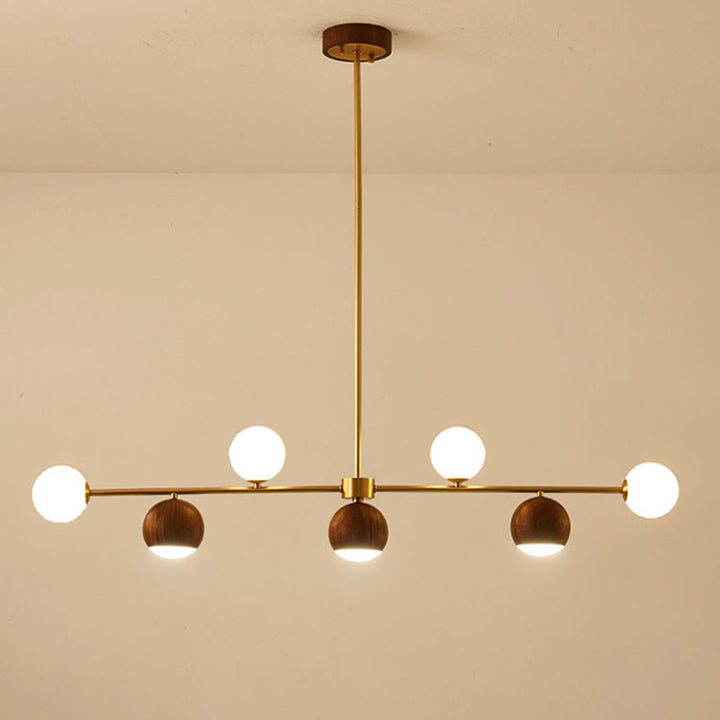 Lustre LED à 4 lumières en laiton et verre boule en noyer nordique contemporain pour salle à manger 