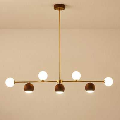 Lustre LED à 4 lumières en laiton et verre boule en noyer nordique contemporain pour salle à manger 