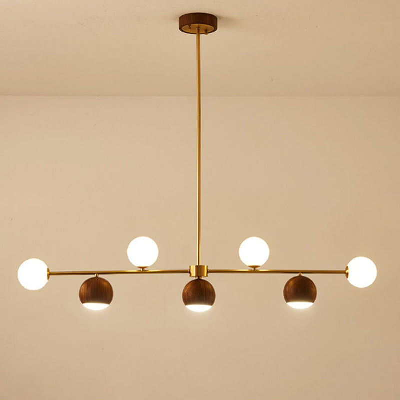 Lustre LED à 4 lumières en laiton et verre boule en noyer nordique contemporain pour salle à manger 