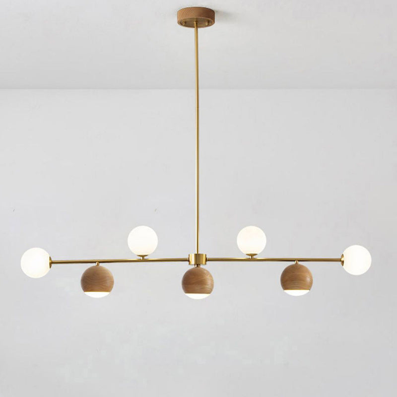 Lustre LED à 4 lumières en laiton et verre boule en noyer nordique contemporain pour salle à manger 
