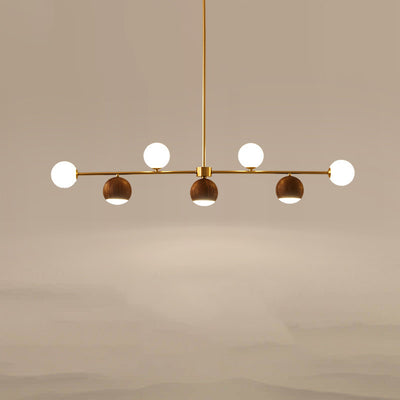 Lustre LED à 4 lumières en laiton et verre boule en noyer nordique contemporain pour salle à manger 