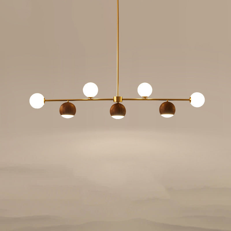 Lustre LED à 4 lumières en laiton et verre boule en noyer nordique contemporain pour salle à manger 