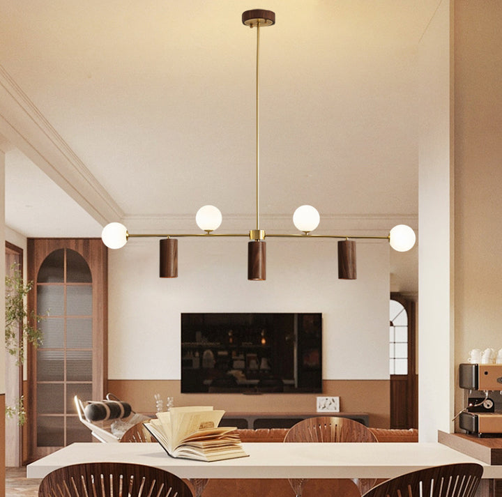 Zeitgenössischer nordischer Walnuss-Messing-Glas-Kugel- & Zylinder-Spotlight 4-Licht LED-Kronleuchter Insellicht für Esszimmer 